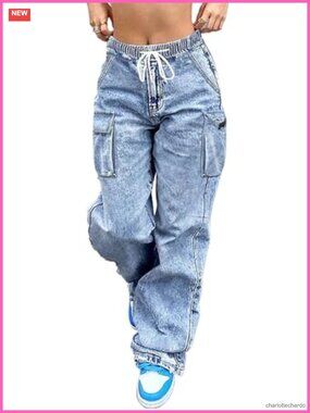 Wide Leg Cargo Jeans Mid Rise Elastic Waist Drawstring Pants